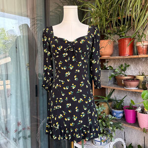 Bershka Black Floral Peasant Mini Dress 3/4 Sleeves Ruffles Hem Women Size S